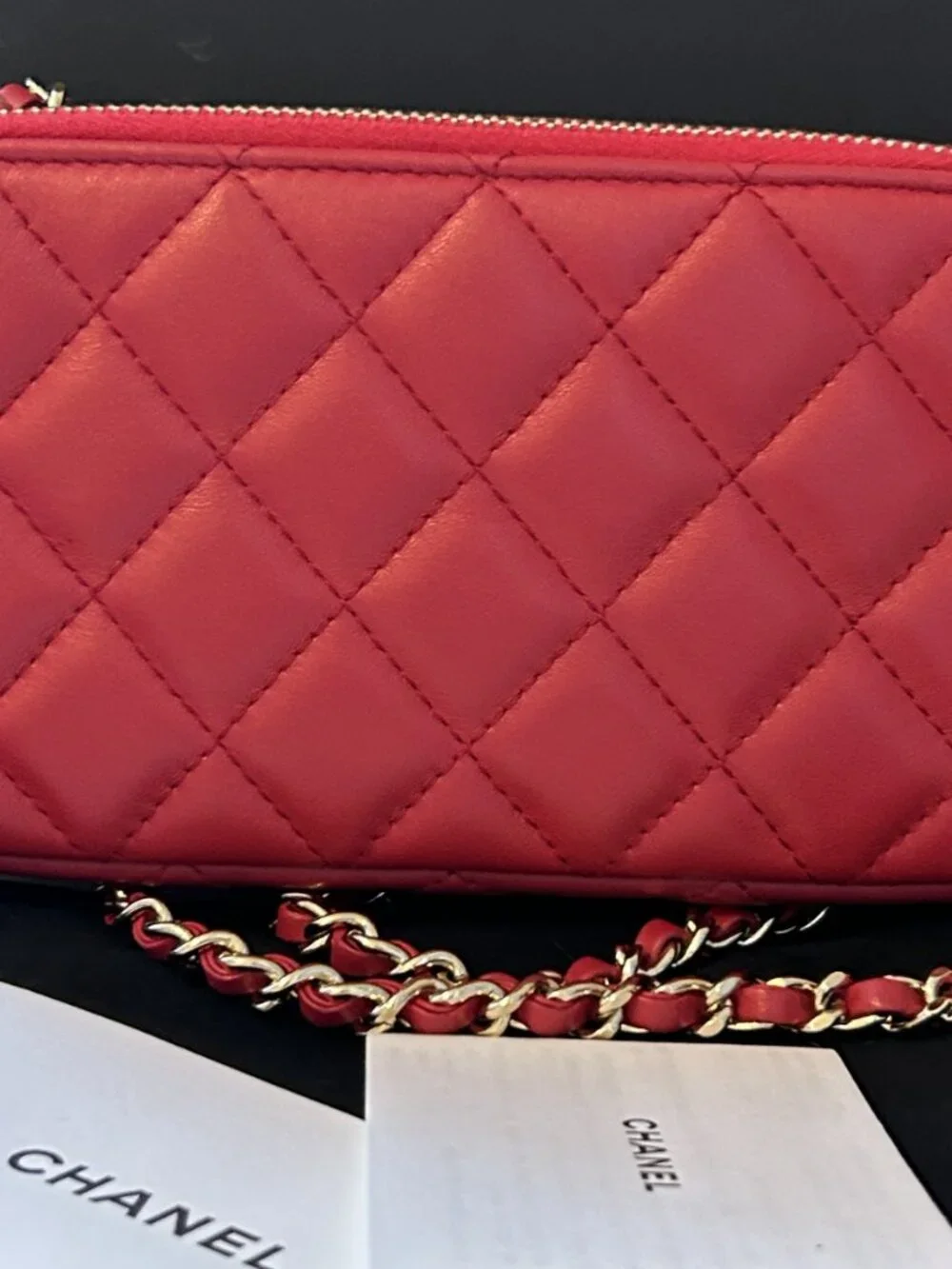 CHANEL Double Zip Bag in Pink Lambskin & Gold Hardware w box, dust bag, card
